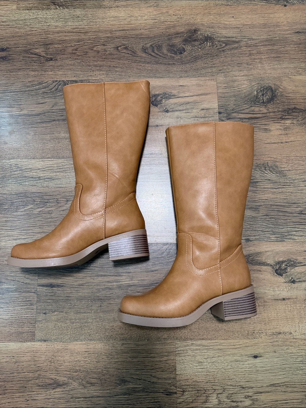 Soda Tan Cognac Knee High Block Heel Riding Boots Classic Chic
